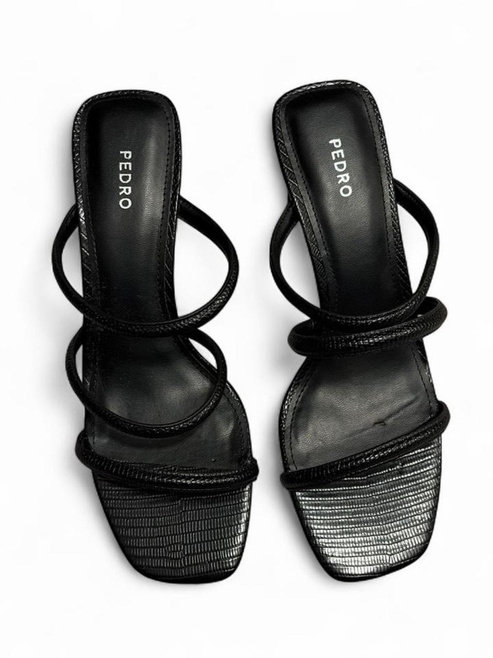 PEDRO Black Triple-Strap Square-Toe Slide Sandals